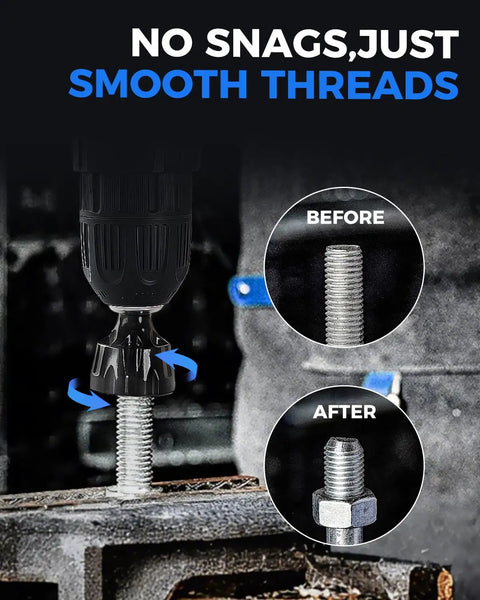 Threaded Rod Deburring Tool With External Chamfer Bit For Metal in use, showing before and after deburring results on a bolt