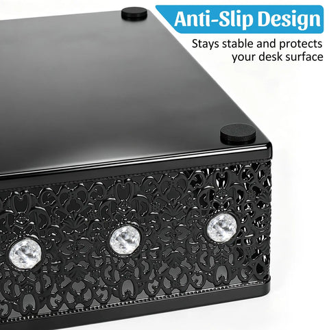 Close-up of mesh desk paper tray organizer with anti-slip design, featuring ornate detailing and clear gems.