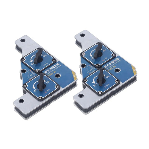 Heavy Duty Dual Switch Welding Clamp With 50KG Magnetic Force For Steel And Iron Plates, two clamps showing adjustable angles.