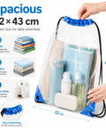 Clear Drawstring Bags 4 Pack Stadium Approved See Through Backpacks for Concerts and Sports Events showing size and contents