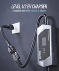 No Fuss Level One And Two Electric Vehicle Charger With Twenty Five Foot Heavy Duty Cord Nema Plugs connected to wall outlet.