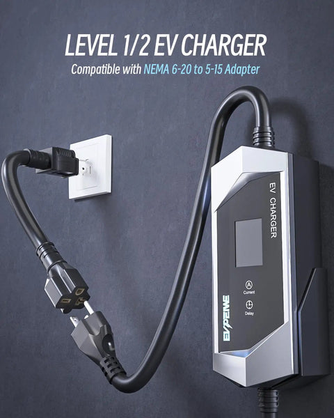 No Fuss Level One And Two Electric Vehicle Charger With Twenty Five Foot Heavy Duty Cord Nema Plugs connected to wall outlet.