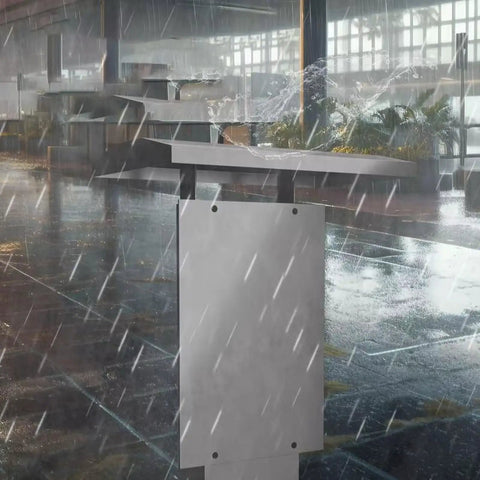 All Weather Rated Outdoor Electric Charger Pedestal Stand in rain, galvanized steel, freestanding mount for Level 2 chargers.