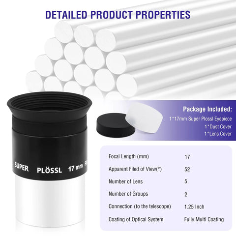17mm 52 Degree Super Plossl Eyepiece for Telescopes 1.25 Inch Barrel Fully Multi Coated Optics with filter thread and covers