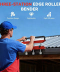 Man using 3 Station Metal Roofing Bender With 0 To 90 Degree Edge Roller Large Radius Sheet Metal Bender for roofing project