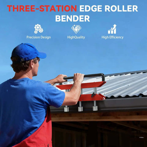 Man using 3 Station Metal Roofing Bender With 0 To 90 Degree Edge Roller Large Radius Sheet Metal Bender for roofing project