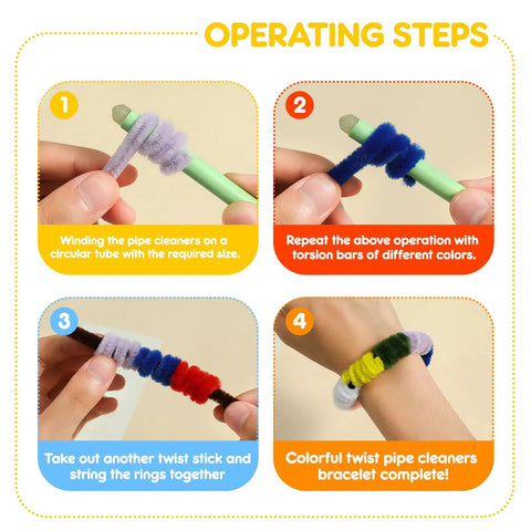 Multicolor Pipe Cleaners Chenille Stem Set 200 DIY Craft Supplies For Arts And Crafts School Projects And Festive Decor 10 Vibrant Colors With Soft Wire Cores And Durable Polyester Build. operating steps showing colorful pipe cleaner bracelet craft