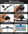 Installation steps for Slick Rear Backup Camera License Plate Mount Bracket for G840H G890 with camera and tools.