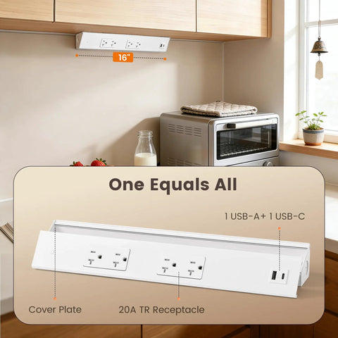 Under Cabinet Hardwired Power Strip With 16 Inch Angled Trapezoid Design 2 20A TR Outlets USB A And USB C in kitchen setup