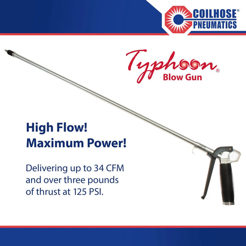 Typhoon High Volume Blow Gun With 24 Inch Extension And High Flow Tip For Industrial Cleanup Packs 34 CFM At 125 PSI One Quarter Inch NPT