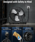 18 Inch Heavy Duty Industrial Floor Fan With 3 Speed High Velocity Airflow, Metal Construction, Ball Bearing Motor, Black Finish
