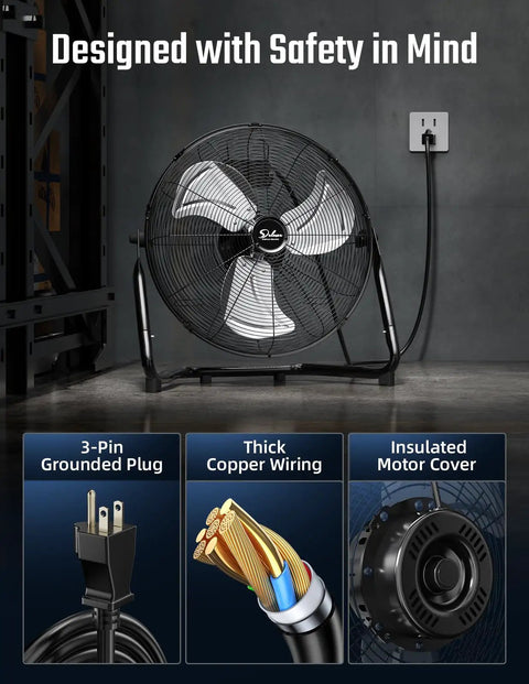 Comfort Zone 12 Inch Floor Fan With 3 Speed High Velocity Air, 1800 CFM, 230 Degree Tilt, All Metal Build, displayed with wiring