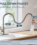 Badass Brushed Nickel Kitchen Faucet With Pull Down Sprayer And Dual Spray Patterns High Arc Gooseneck Design, extending 18 inches.
