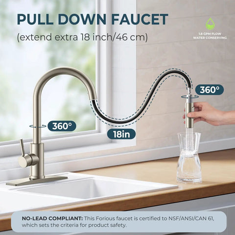 Badass Brushed Nickel Kitchen Faucet With Pull Down Sprayer And Dual Spray Patterns High Arc Gooseneck Design, extending 18 inches.