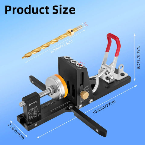 Pocket Hole Jig Kit Second Generation Upgrade for Woodworking Projects with size dimensions and drill bit, gray steel jig.