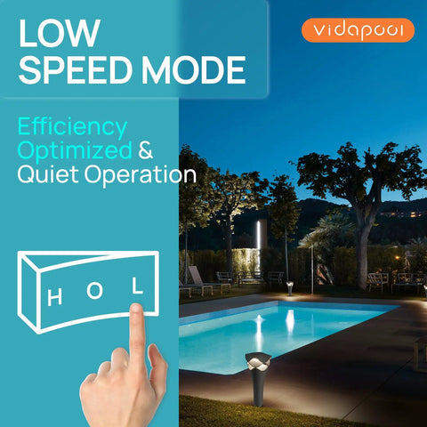 Pool view at night indicating low speed mode for Powerhouse Dual Speed 2HP Above Ground Pool Pump With Self Priming High Flow 5200 GPH On High And 2600 GPH On Low Matte Black Finish Energy Efficient Circulation For Above Ground Pools.