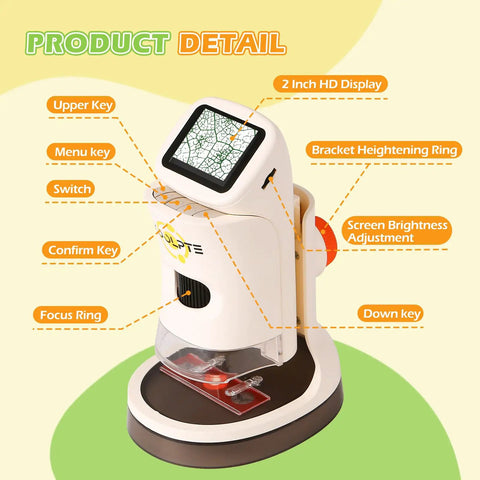 Kid-Friendly Handheld Digital Microscope With 1000X Zoom And 2.1 Inch HD LCD Screen, Six LED Lights, Ergonomic Angled Design For Eye And Neck Comfort, A Fun, Engaging Tool For STEM Learning, Exploration, And Hands-On Discovery, front view with labeled controls