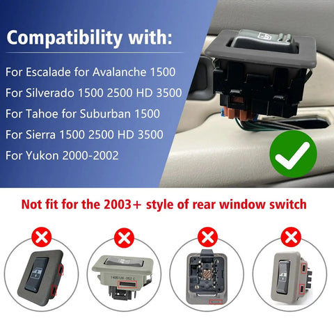 2 Pack Rear Window Switch Trim Replacement for Escalade Avalanche Silverado Tahoe Sierra and Yukon 2000 to 2002 Gray No Window Switch Included Easy Fit Durable Plastic Cover Keeps Interior Looking Clean compatibility chart.