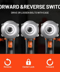 Forward and reverse switch of 20V Cordless One Half Inch Impact Wrench Kit With 2.0Ah Battery, Hog Ring Anvil, 5 Torque Settings