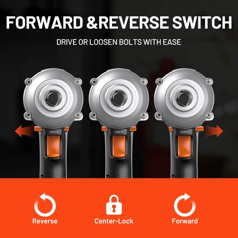 Forward and reverse switch of 20V Cordless One Half Inch Impact Wrench Kit With 2.0Ah Battery, Hog Ring Anvil, 5 Torque Settings