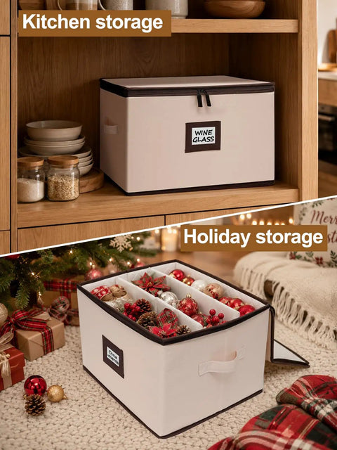 Heavy Duty Wine Glass Storage Box Two Pack With Thick Padded Dividers secure hardshell case for stemware and champagne flutes.