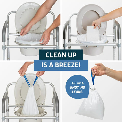 Heavy Duty Medical Grade Commode Liners With Super Absorbent Pads Zero Hassle Odor Control Pull And Tie Disposable Seat Covers for easy cleanup in use.