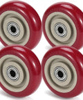 Heavy Duty 4 Inch Replacement Caster Wheels 4 Pack, Pre Assembled PVC Swivel Casters Roll Like Butter, 400 Lb Each With Precision Bearings, Includes All Needed Mounts For Rock Solid Cart And Furniture Fixes. Red PVC wheels with precision bearings.