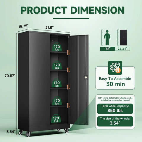 Durable Metal Garage Storage Cabinets With Locking Door And Adjustable Shelves Built For Home Office And Warehouse Heavy Duty Steel Tool Cabinet With Moisture Resistant Finish Black 75 Inch Tall, showing dimension details.