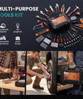330 Piece Home Repair Tool Kit With Pull Out Drawer For Easy Access Carbon And Cr V Steel Tools In Durable Toolbox; multipurpose use shown in images.