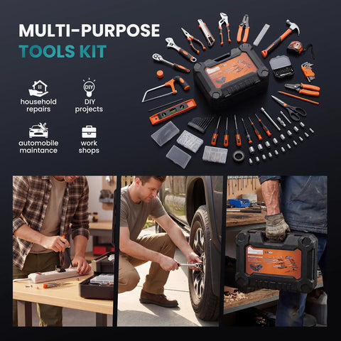 330 Piece Home Repair Tool Kit With Pull Out Drawer For Easy Access Carbon And Cr V Steel Tools In Durable Toolbox; multipurpose use shown in images.