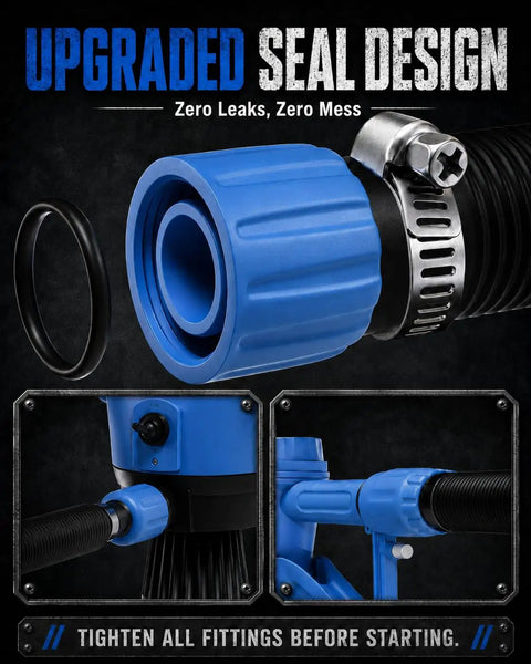 Close-up of No Sweat Electric Drum Pump showing upgraded seal design and fittings, ensuring no leaks during fluid transfer.