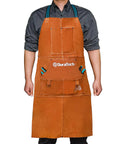 Front view of person wearing Leather Welding Apron 23x36 Inches Full Split Cowhide Heavy Duty Work Apron with 6 Tool Pockets.