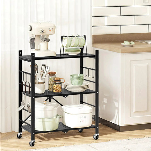 3 Tier Foldable Metal Storage Shelves With 6 Hooks And Wheels, kitchen setup with appliances and dishes on sturdy black shelving