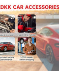 Four images showing car accessories features: easy installation, exact OEM number, improved performance, 100% tested shipping.