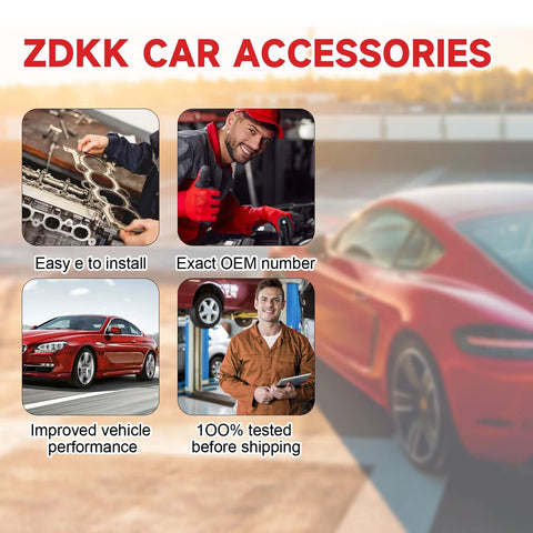 Four images showing car accessories features: easy installation, exact OEM number, improved performance, 100% tested shipping.