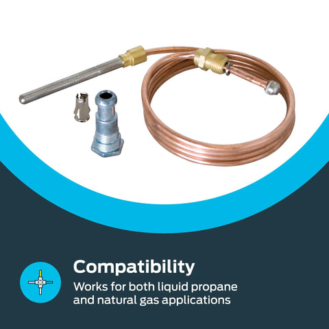 Front view of Eastman 18-inch gas thermocouple with copper tubing coil, stainless steel head, and fittings