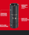 Heavy Duty Half Inch Drive 6-Point Deep Impact Socket SAE Three Quarter Inch, labeled corrosion resistant, on red background.