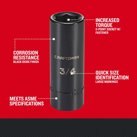 Heavy Duty Half Inch Drive 6-Point Deep Impact Socket SAE Three Quarter Inch, labeled corrosion resistant, on red background.