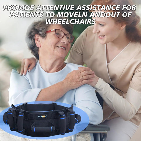 Seven Handles Gait Belt For Seniors With Quick Release No Fuss Adjustable Transfer Belt shown in use by caregiver and senior