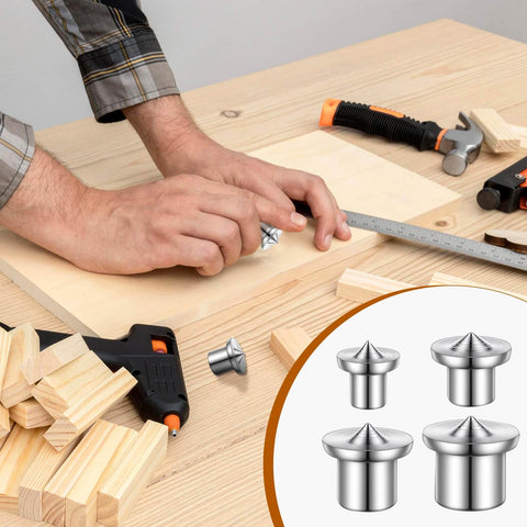 Handy Doweling Pin Center Drill Set With Sharp Point Transfer Plugs In One Quarter, Five Sixteenths, Three Eighths, And One Half Inch Sizes