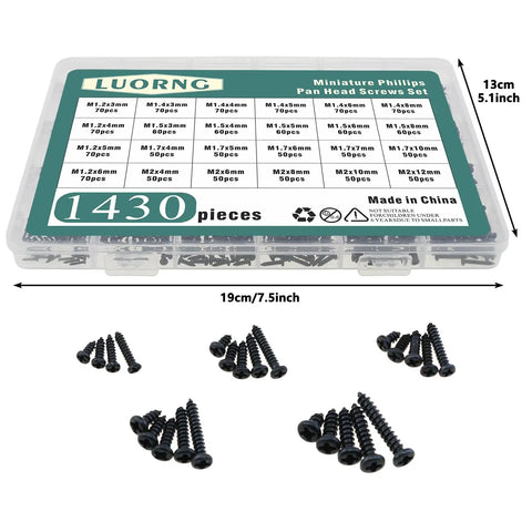 Massive 1430 Piece Black Carbon Steel Miniature Phillips Pan Head Screw Set M1.2 M1.4 M1.5 M1.7 M2 For Electronics Repair
