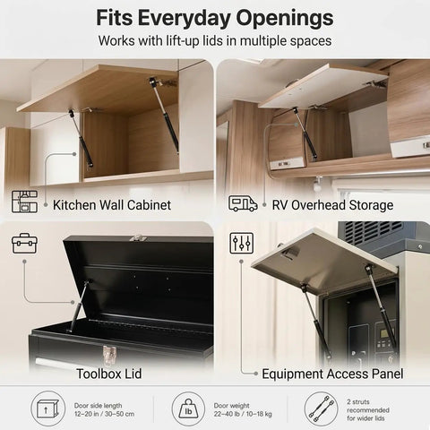 Set Of 4 Straight Up Heavy Duty Gas Struts With Smooth As Butter Operation 22.5 Pound Lift Force And 10 Inch Length Gas Springs shown in kitchen, RV, toolbox, and equipment access use.