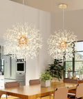 Lit Dandelion Crystal Chandelier With Firework Sparkle 9 Light Gold Pendant Light Fixture in modern kitchen setting.