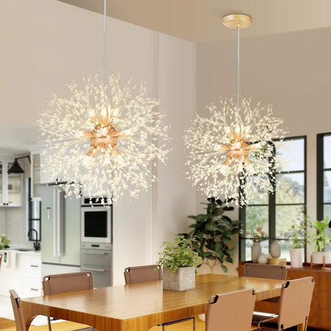 Lit Dandelion Crystal Chandelier With Firework Sparkle 9 Light Gold Pendant Light Fixture in modern kitchen setting.