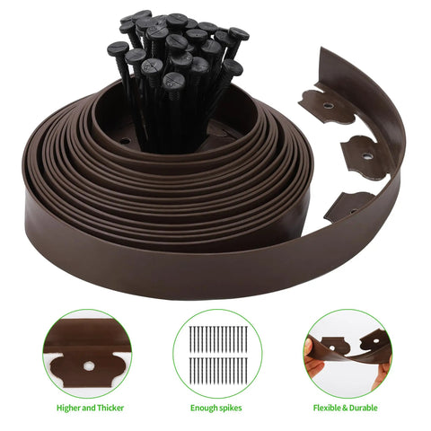 2 Inch By 33 Foot Garden Edging Border Coil With 30 Stakes, Easy Install Landscaping Kit shown in brown with included stakes.