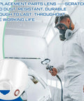 Technician wearing full face respirator using spray gun with Replacement Lens for 6000 Series Full Face Respirator and 50 Pack Peel Off Lens Covers for 6000 6700 6800 6900 Series Full Face Masks Easy Swap Replacement Part Kit for Durable Safety Gear in foreground.