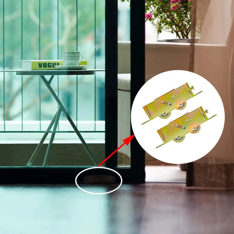 2 Pack Sliding Patio Door Tandem Roller Assembly Replacement Fits Guardian Croft VinylMax And Other Sliding Door Manufacturers 1-1/4 Inch Steel Ball Bearing End Adjustment 5-3/4 Inch Screw Hole Centers next to patio door with view of garden and small side table.