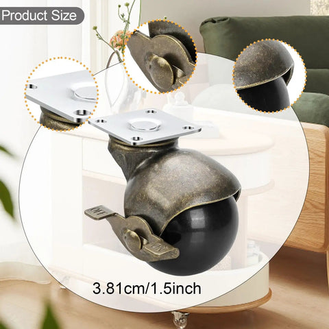 Four Pack Top Shelf Brass Ball Casters For Furniture Antique Finish Swivel Wheels With Secure Top Plate 1.5 Inch Heavy Duty Roller Units.