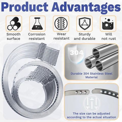 Universal 24Pcs CV Boot Clamp Kit With 12 Small And 12 Large Stainless Steel Adjustable Crimp Clamps For CV Joint And Drive Shaft 304 Stainless Rust Resistant Easy Install features and benefits displayed with clamp images and material details