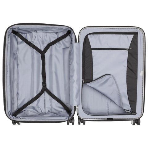 Open view of DELSEY PARIS Titanium silver hardside expandable 25-inch luggage interior with cross straps and zip pocket